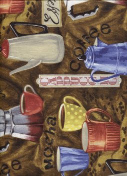 Bilderstoff, Kaffeekannen und -tassen mit Schrift
