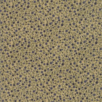 Baumwollstoff Olivgrüne Ranken mit blauen Blüten auf Beige