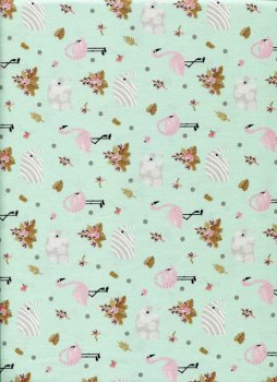 150 cm breit, kindliche Elefanten und Flamingos auf Aquagrün