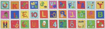 Panel 30 x 110 cm, Buchstaben und Zahlen in Quadraten, bunt