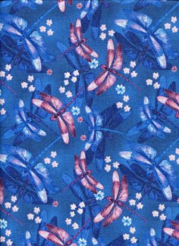 Lilablaue und rötliche Libellen mit Blüten auf Blau