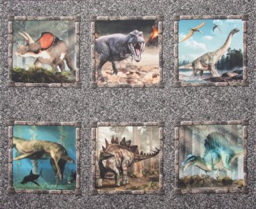 Baumwollstoff Panel 90 x 110 cm, 6 Dinosauriermotive