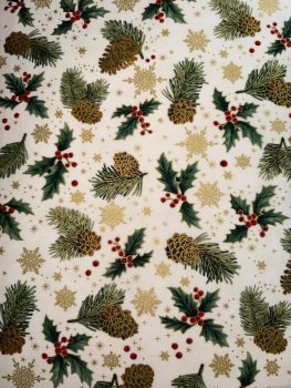 Ilex, Zapfen und Zweige auf Ivory mit Gold