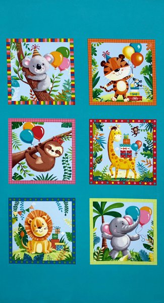Baumwollstoff Panel 60 x 110 cm, Geburtstag der Zootiere